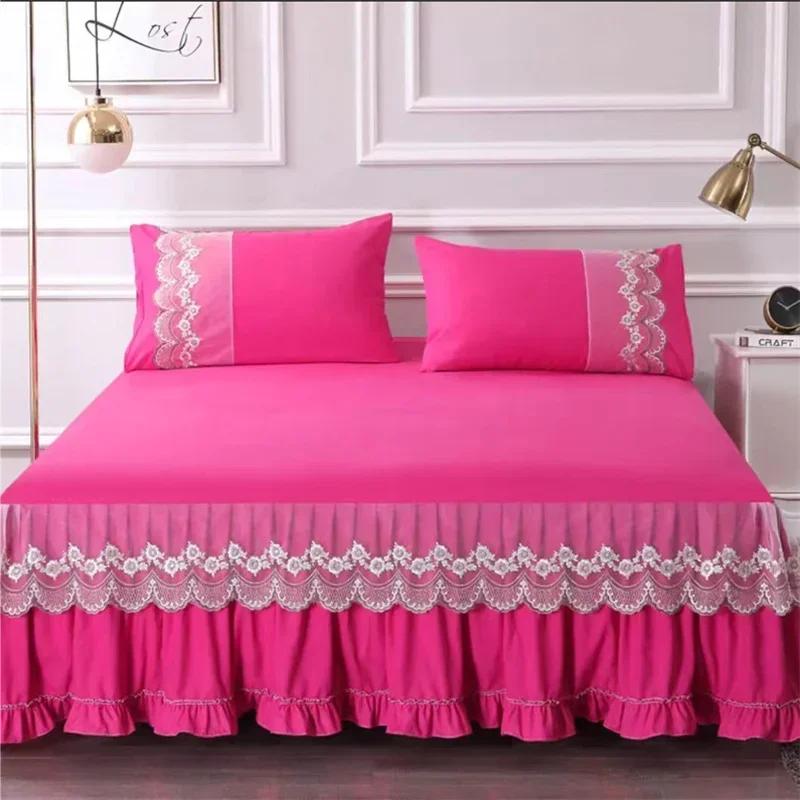 3pcs Bed Skirt Set with Ruffle Lace Anti Slip 1 8x2 0m Bed Cover Solid Mattress Dust Cover Pillowcase