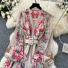 Spring Summer Women V-neck Vintage Print Chiffon Runway Dress Single Breasted Long Maxi Loose Holiday Beach Dresses with Belt