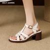 High Heels Women Genuine Leather Sandals Pumps 2024 Fashion Buckle New Arrival Genuine Leather Thick Heels Shoes Woman Summer