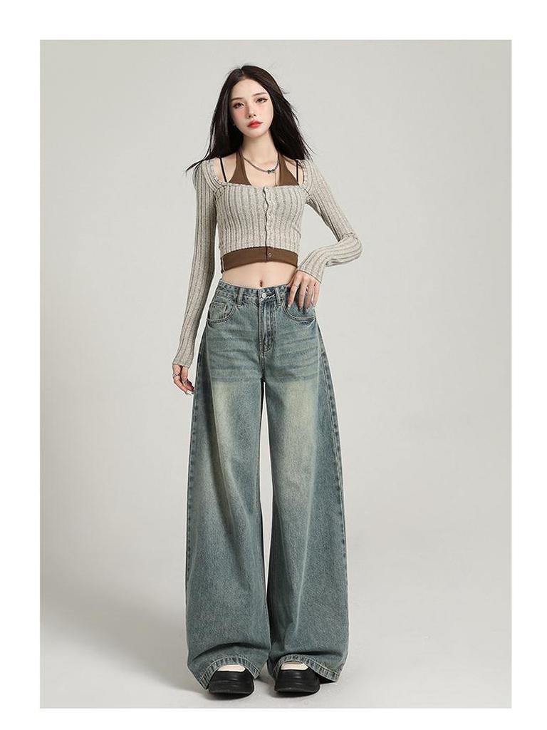 Женские белые джинсы с широкими штанинами и высокой талией, с драпировкой — свободный покрой в корейском стиле на осень