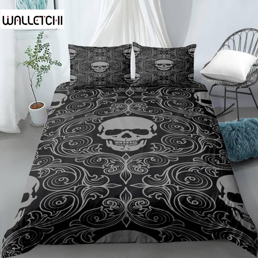Skull Duvet Cover Set Queen Black Skeleton Paisley Floral Pattern Bedding Set for Teen Adult Polyester Halloween Comforter Cover