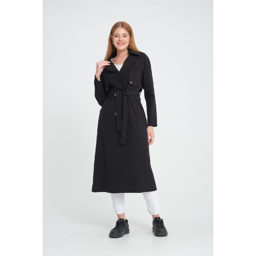 Двубортный тренч средней длины с рукавами реглан (120 см) Темно-бежевый 7558