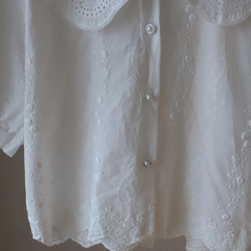 Летняя женская рубашка в корейском стиле с жаккардовым узором, воротником Питер Пэна и пышными рукавами, 2025