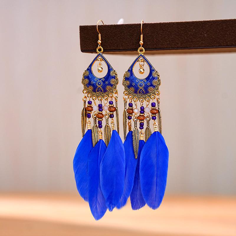 Модные богемные длинные серьги-перья для женщин, этнические винтажные серьги с бусинами-листьями, металл золотого цвета, украшения для отпуска и вечеринки