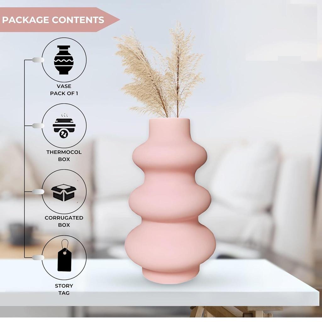 Керамическая ваза «Baby Pink Triple Ring» 8 дюймов — набор из 1 шт. | Декоративная ваза с тремя кольцами для сухоцветов и пампасной травы | Вазы для домашнего декора