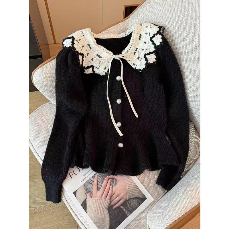 Spring and Autumn Lace Doll Collar Bright Silk Soft Waxy Knitted Cardigan Women's Waist Sweater Women's Top Cover