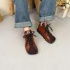 Johnature Genuine Leather Square Toe Retro Short Boots Lace Up Flat Bottom Women's Shoes
