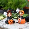 2Pcs Pumpkin Witch Figurines Witch Holding Skull Balloon Ornament Cartoon Witch Statues for Halloween Miniature Scene Props