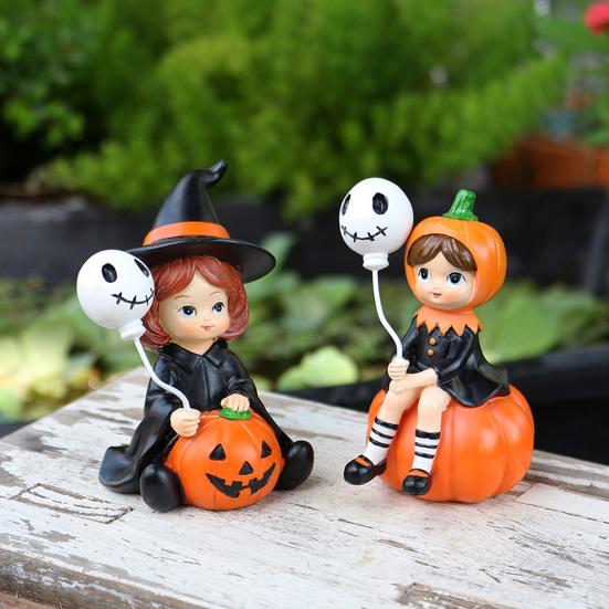 2Pcs Pumpkin Witch Figurines Witch Holding Skull Balloon Ornament Cartoon Witch Statues for Halloween Miniature Scene Props