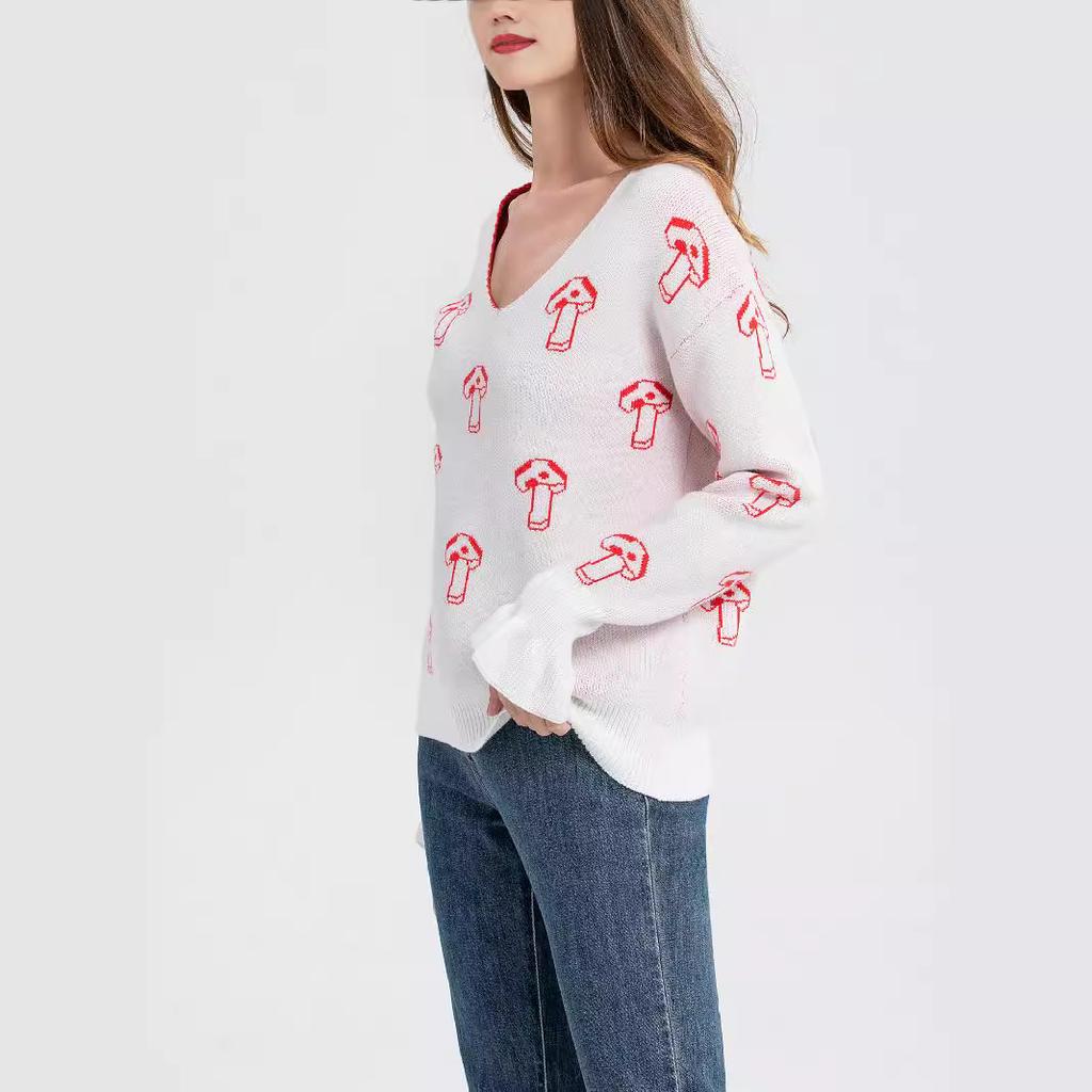Inner Knitted Soft Gentle Wind Sweater Female V-neck Pullover Mushroom Pattern Small Perfume Loose Tops for Women