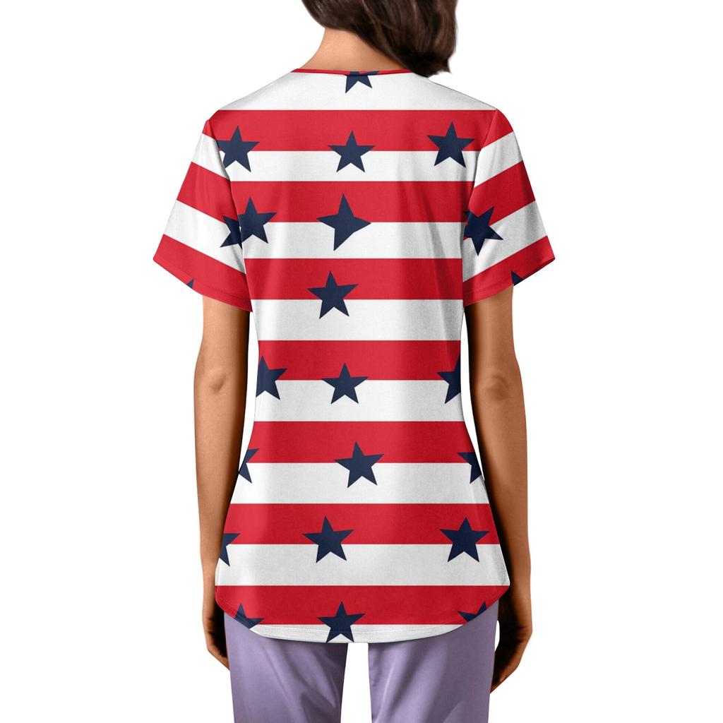 Plus Size Printed Scrub Working Uniform Tops For Women's Cross V Neck Independence Day Print Short Sleeve Fun T-Shirts Workwear Tee With Pockets