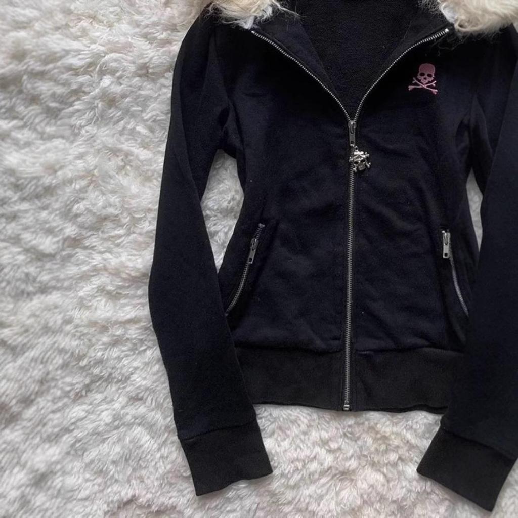 Кардиган в японском стиле Y2K с капюшоном, принтом букв и меховым воротником