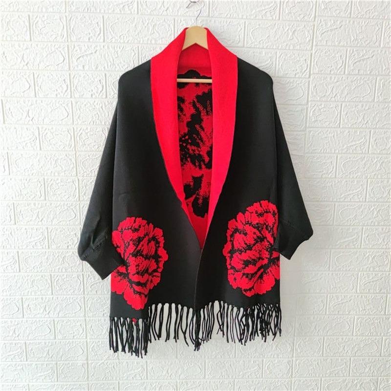 Женское пончо 2022, осенне-зимний шарф из искусственного кашемира с пионом и бахромой, двусторонняя теплая накидка с длинными рукавами, женский топ