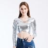 Women Club Top Short Waist-exposed Long Sleeve V Neck Smooth Glossy Faux Leather Pullover Slim Fit Soft Breathable Performance D