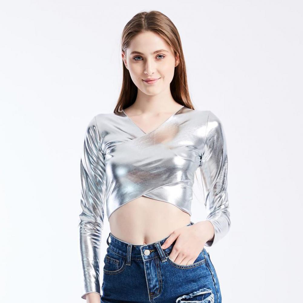 Women Club Top Short Waist-exposed Long Sleeve V Neck Smooth Glossy Faux Leather Pullover Slim Fit Soft Breathable Performance D