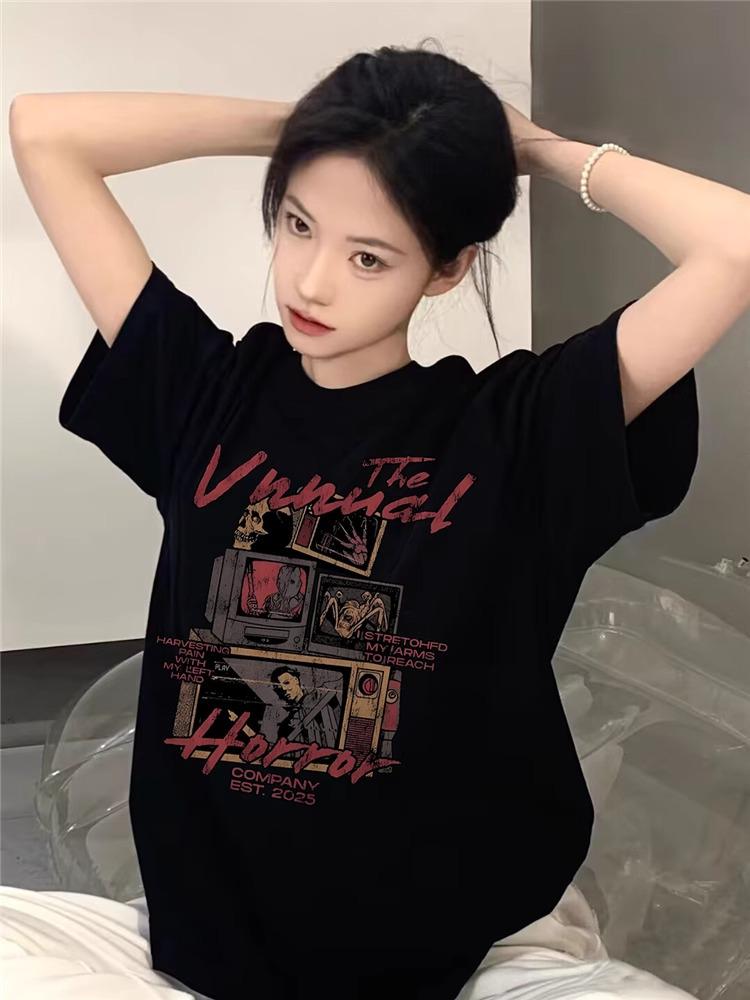 Женская футболка свободного кроя 2025 года из хлопка в стиле хип-хоп с рисунком из мультфильмов