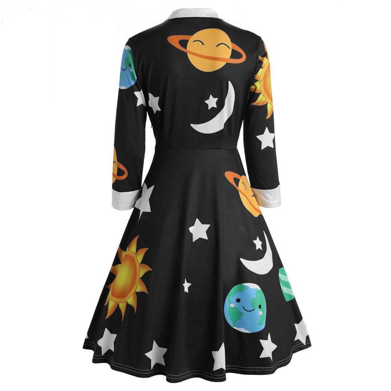 Magic School Bus Cosplay Ms.Frizzle Costume Solar System Long Sleeves Dress Elegant Printed Blue Dress for Party