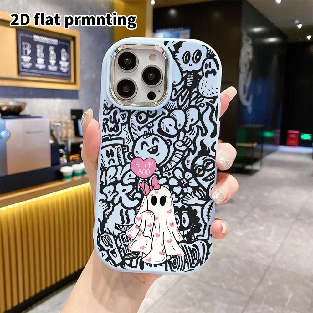Phone Case: 2D flat design suitable for iPhone 18 17 16 15 14 13 Pro protective case, couple style, milky white little ghost, Christmas and Halloween