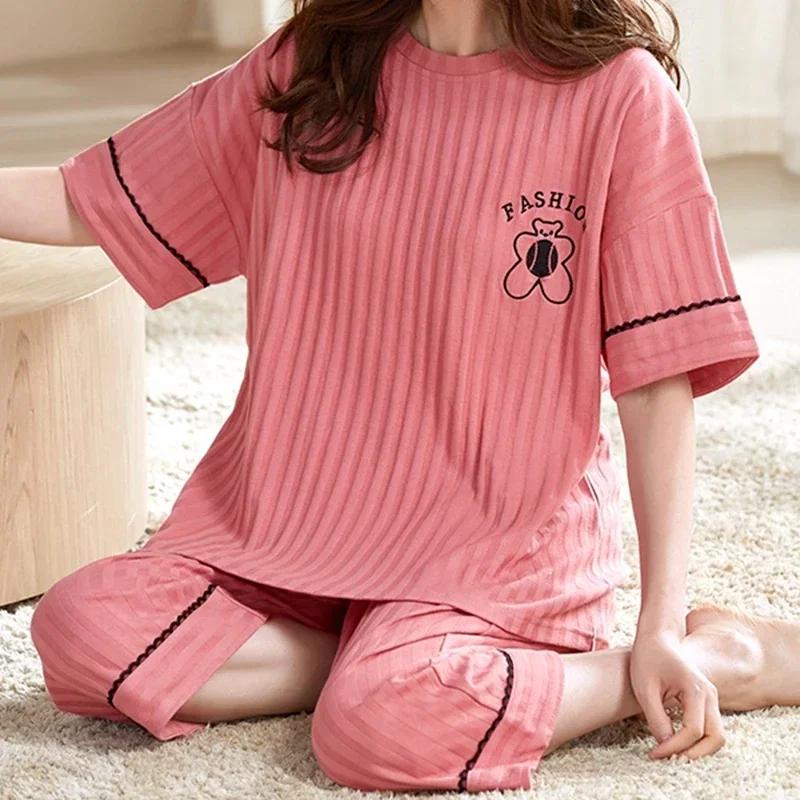 Летние пижамы-капри для женщин, повседневные пижамные комплекты с мультяшными лацканами, милая пижама для девочек из мягкого хлопка