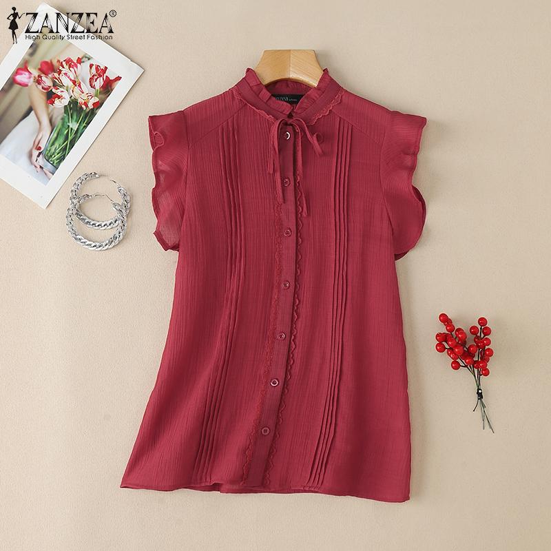 ZANZEA Летние женские топы без рукавов с оборками, кружевной отделкой и рюшами, повседневные майки