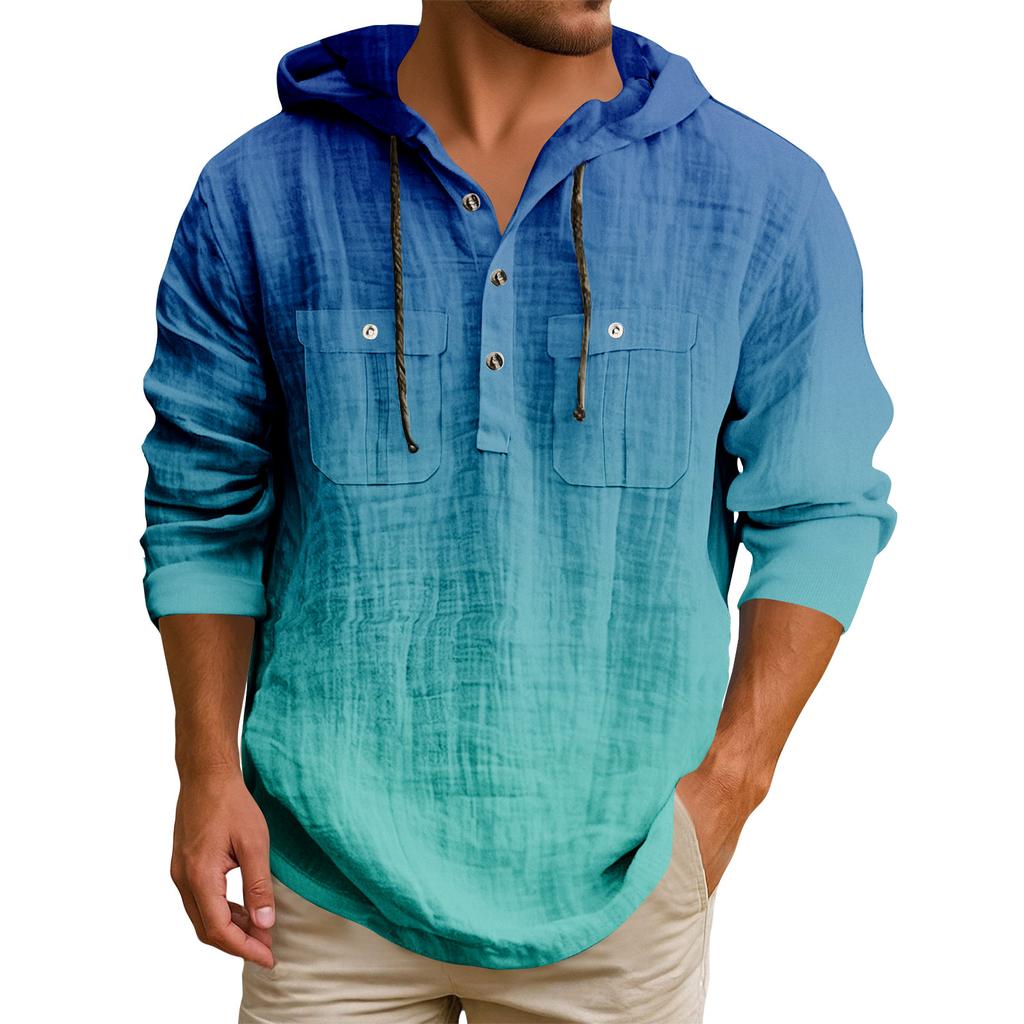 Men's Hooded T-shirt Gradient Color Cotton And Linen Men's Casual Long-sleeved Top