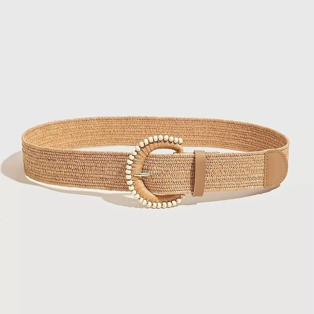 Retro Braided Elastic Belt Bohemian Style Faux Pearl Decor Woven Elastic Belt Durable Adjustable Straw Woven Belt for Women