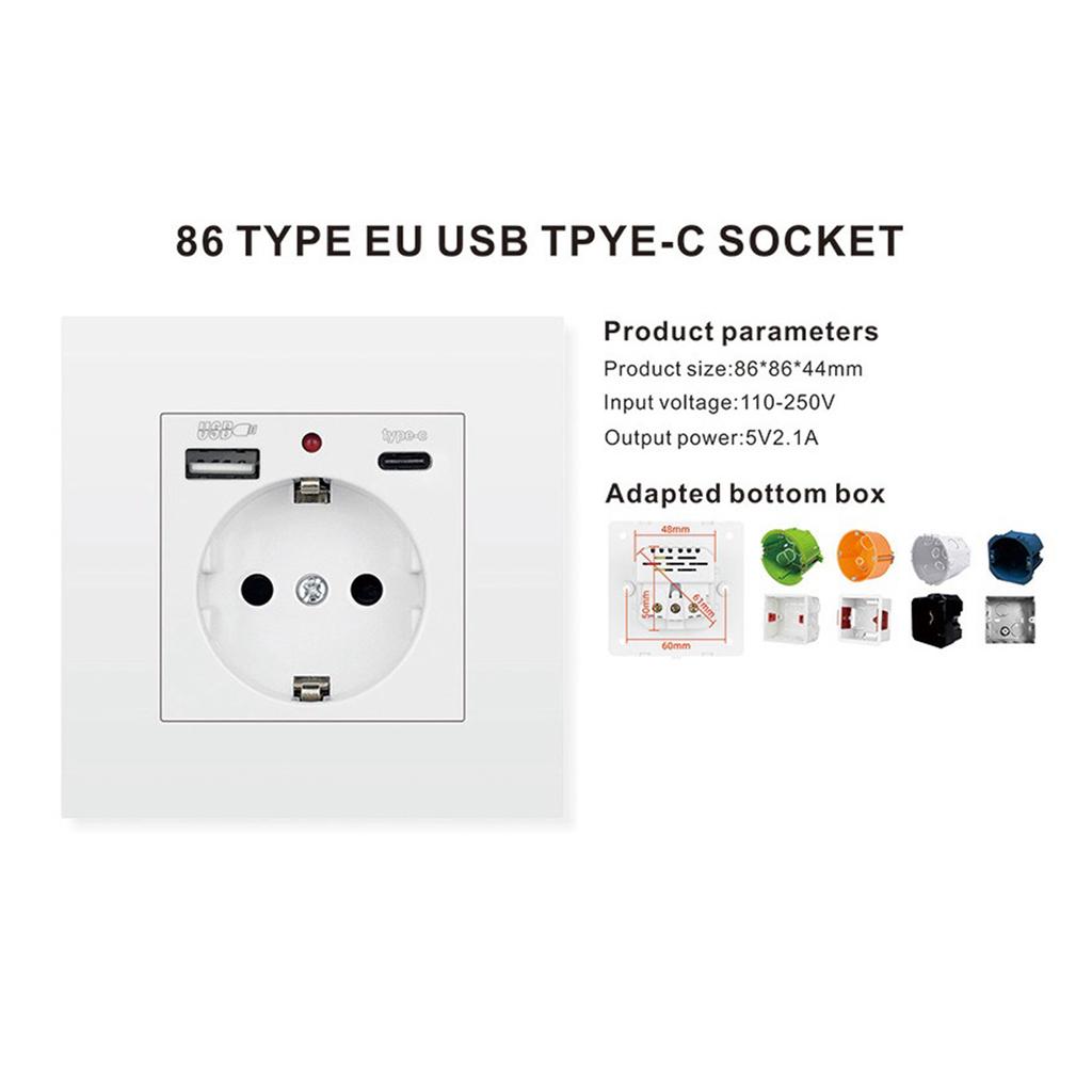 USB Wall Socket with USB and Type C Ports 16A European Standard Power Outlet for Fast Charging 86x86mm 250V