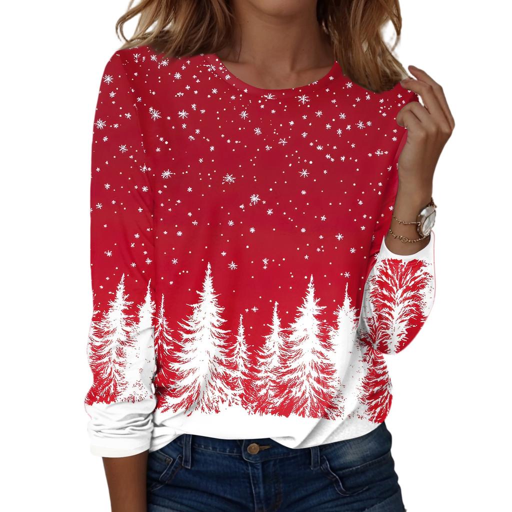 Women's Fashion Casual Christmas Printed Round Neck Long Sleeve Pullover Top