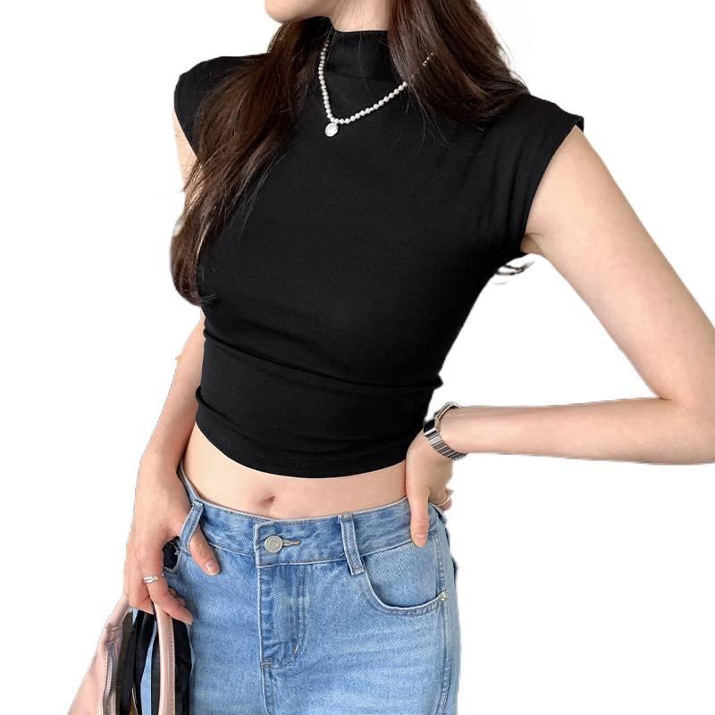 Женская облегающая футболка с открытой спиной: Летний, без рукавов, с полувысоким воротником, стиль 'hot girl'