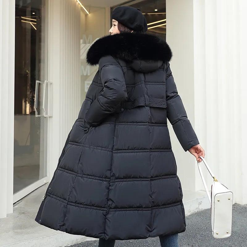 Hooded Down Cotton-Padded Jacket Women Slim Fitting Large Fur Collar Loose Warm Fur Collar Over The Knee Parkas and Thick Coats Female Winter Outwear