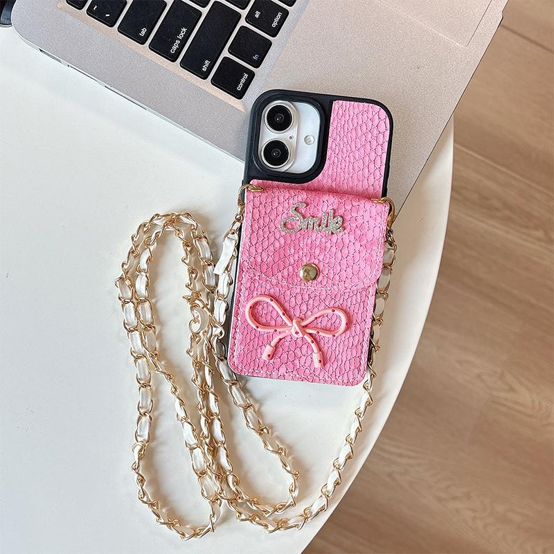 For Apple 16plus Crossbody Coin Purse Mobile Phone Case for IPhone17 Bow Tie Snakeskin Pattern Card Holder 14 Imitation Leather 15