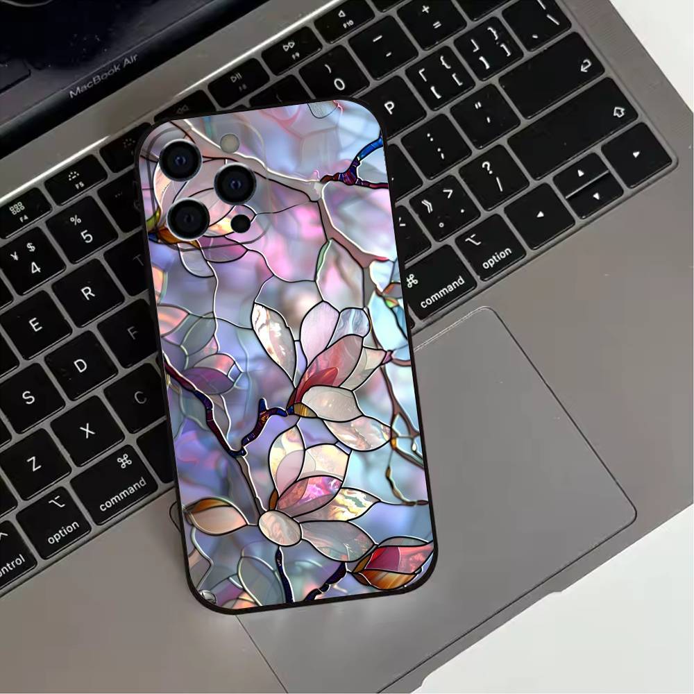 Colorful Stained glassGlass Phone Case For iPhone 17,16,15,14,13,12,11 Plus,Pro Max,XS,Soft Silicone Black Cover