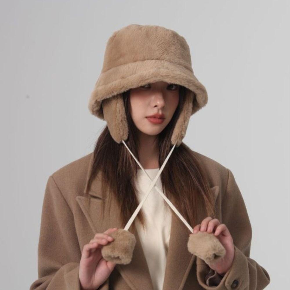 Solid Color Winter Fisherman Hat Anti-cold Plush Bucket Cap Ushanka Plush Panama Hat Outdoor