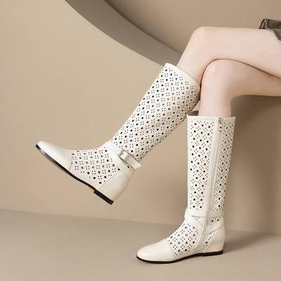 Krazing Pot Кожа спилка коровы Круглый носок Размер 43 Летние сапоги Модные рыцарские сапоги Полые украшения Осенние сапоги Ботфорты