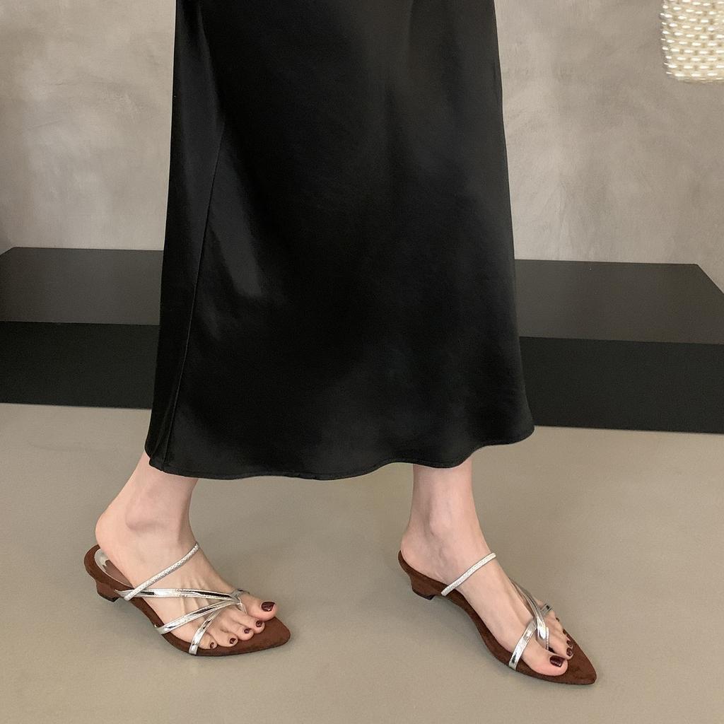 Французские сандалии на толстом каблуке с ремешком, туфельки феи, новинка лета 2025 года, с юбкой, серебристые римские туфли с открытым носком