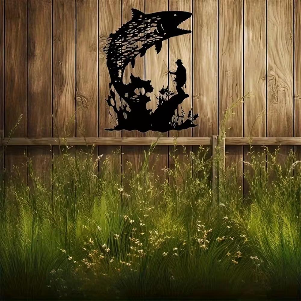 1pc Fisherman and Fish Hollow Pattern Wall Stickers Aesthetic Irregular Graphics Metal Crafts for Stylish Interior Decoration