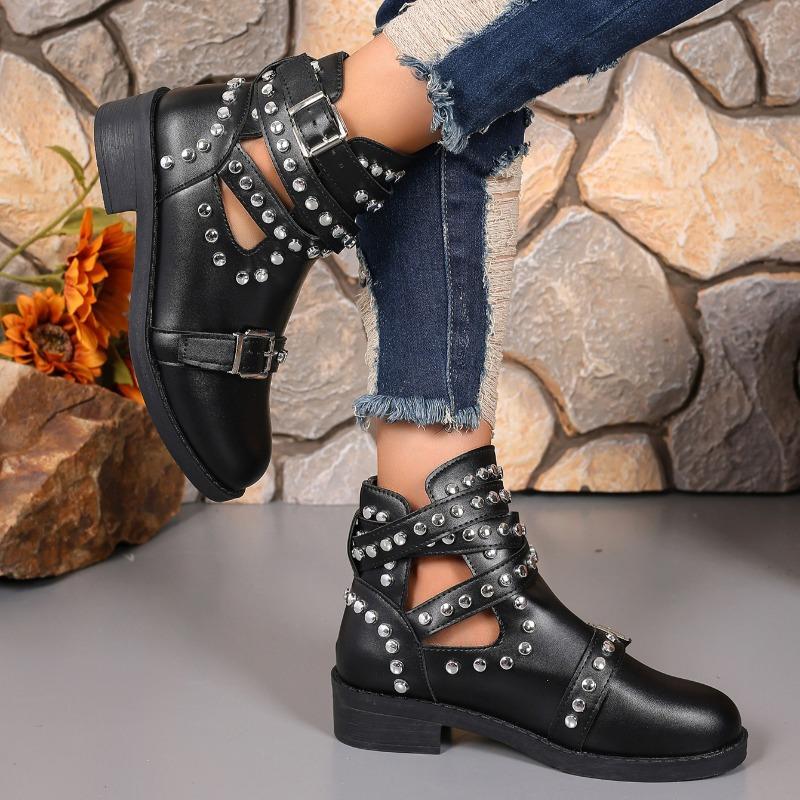 Fashion Women's Ankle Boots Studded T-Band Punk Gothic Shoes Metal Buckle Women's Chunky Heels Female Party Evening Shoes