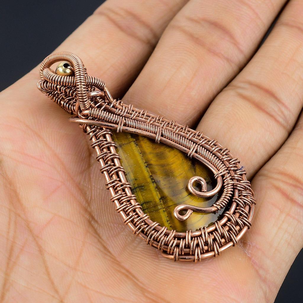Tiger Eye Pendant, Handmade Gemstone 999 Copper Wire Wrapped Pendant Antique Jewelry, For Gift Silver Jewelry