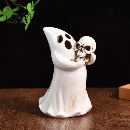 Small Spooky Sculptures Halloween Ghost Figurine with Skull, Resin Statue for Tabletop Decor, Ornament Retro Gothic Home Desktop Window And