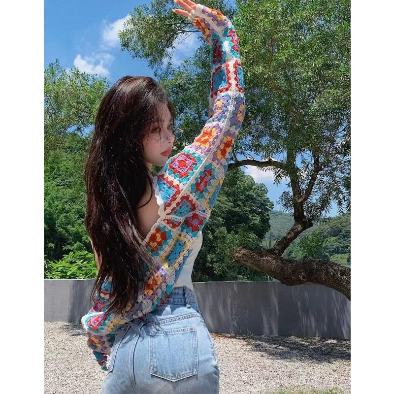 Винтажный красочный ажурный вязаный кардиган с длинными рукавами, женский осенний кардиган, короткие шикарные топы