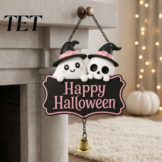 Decorative Skull Doorbell Halloween Cute Witch Hat Ghost Door Sign, Wooden Hanging Decoration, Pink Sign Pendants for Indoor Outdoor Home Wall