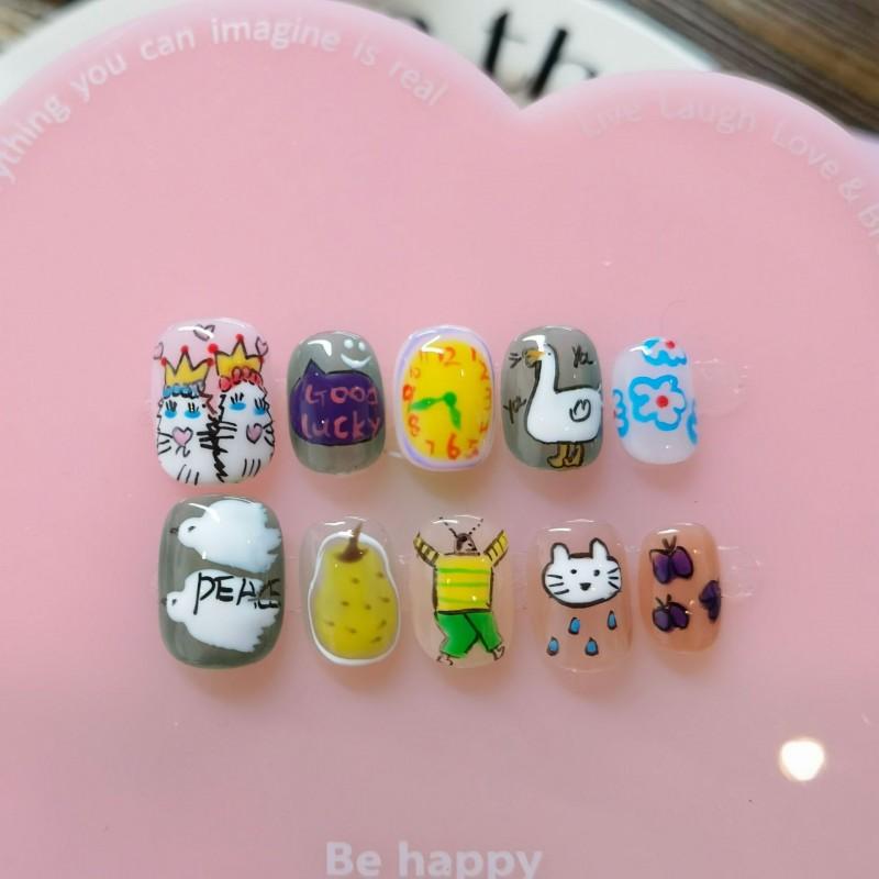 Cute Hand-Painted Press-On Nails Short Square Cat Eye Design Sweet Ins Style Nail Art Women