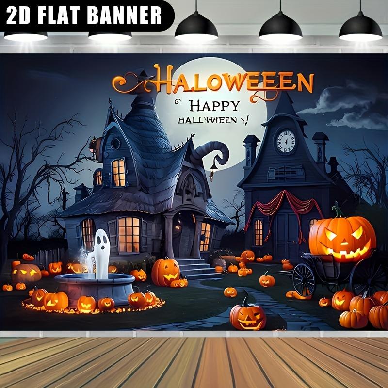 1 piece of 2D flat banner - "Nighttime Jungle Witch Cottage Well Ghost Design Theme Halloween Banner"