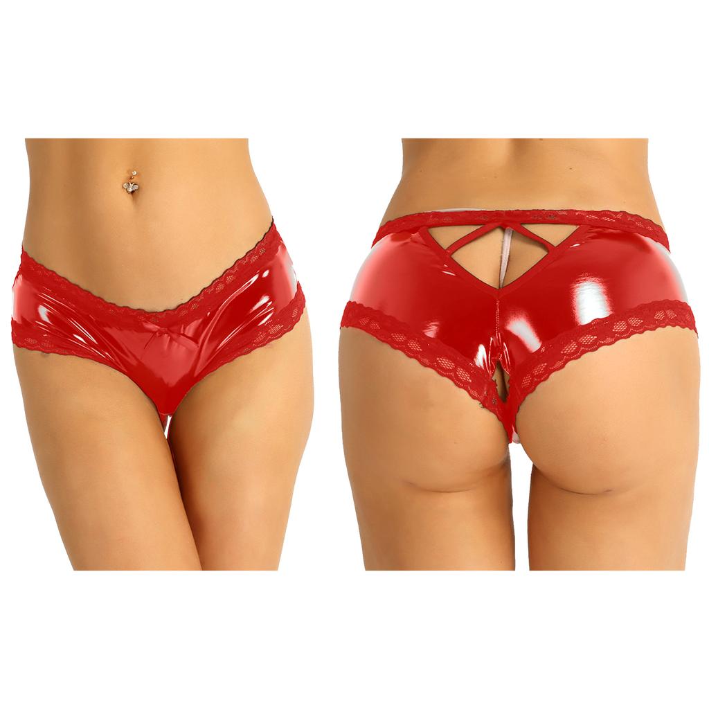 Сексуальные трусики для женщин Femme Lingerie Wetlook Lacated Leather Lace Open Crotch Hole V-Back Mini Briefs Ladies Underwear