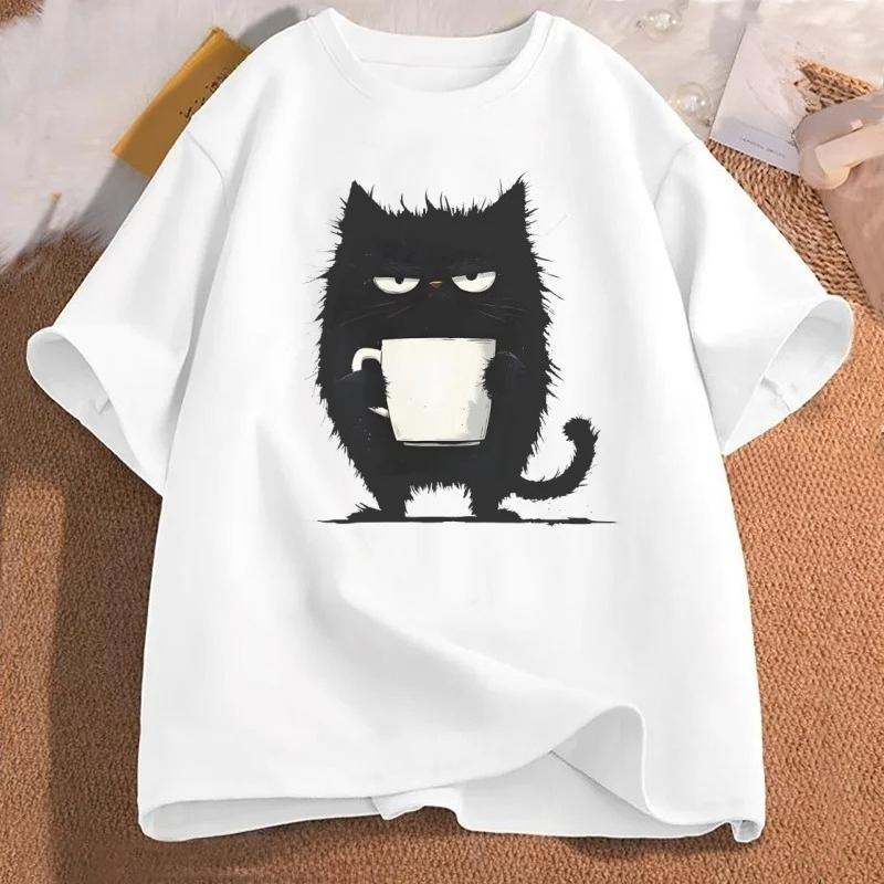 Funny Black Cat Coffee T-Shirt Tired Cat T Shirt Women Graphic Cute Cat Lover Clothes Harajuku