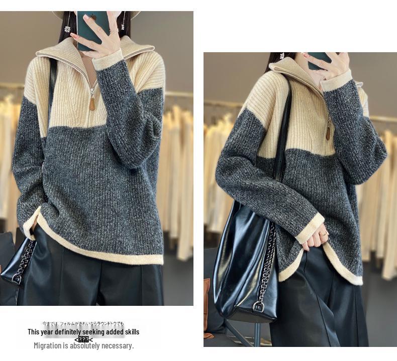Color Block Wool Cashmere Sweater - Women's High-End Knitted Half-Open Collar Top
