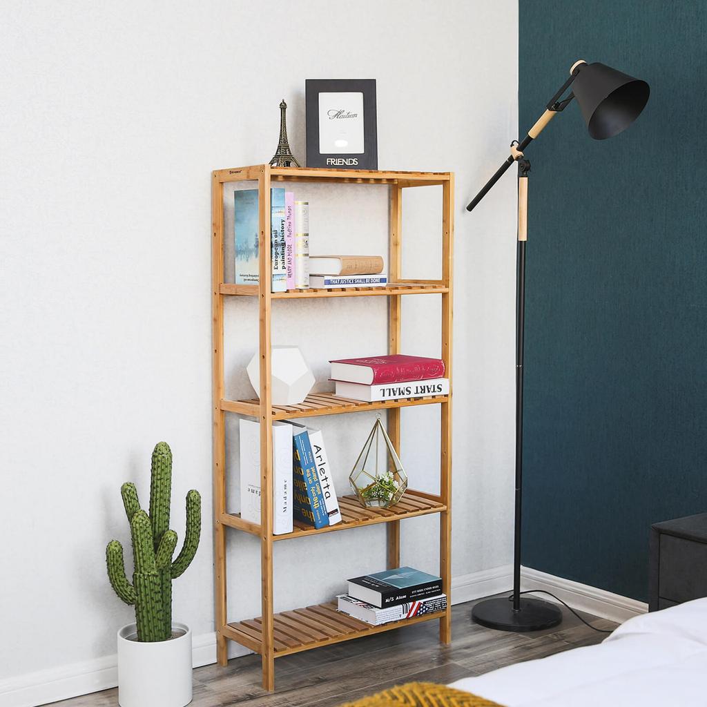 SONGMICS BCB35Y Bathroom Kitchen Storage Bamboo 5 Shelves Adjustable Floor Height Flower Stand Book Shelf natural, 60 x 26 x 130 cm