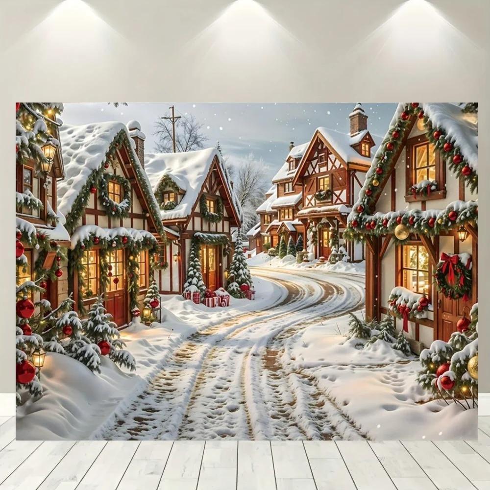 Vintage Gingerbread House Christmas Snow Village Background Christmas Gift Decorations Family Party Banner Background Cloth