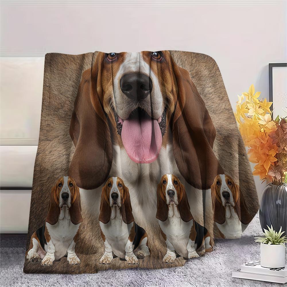 1Pc Basset Hound Print Flannel Blanket, High quality Comfortable for All Seasons, Home Decor, Warmth and Comfort, Perfect for Gifts
