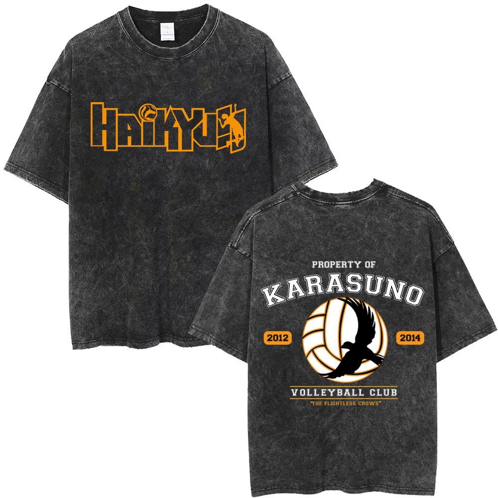 Стирка Винтаж Аниме Хайкью PROPERTY OF KARASUNO VOLLEYBALL CLUB Мерч Футболка Мужская Женская Летняя Мультяшная Манга Оверсайз Футболка